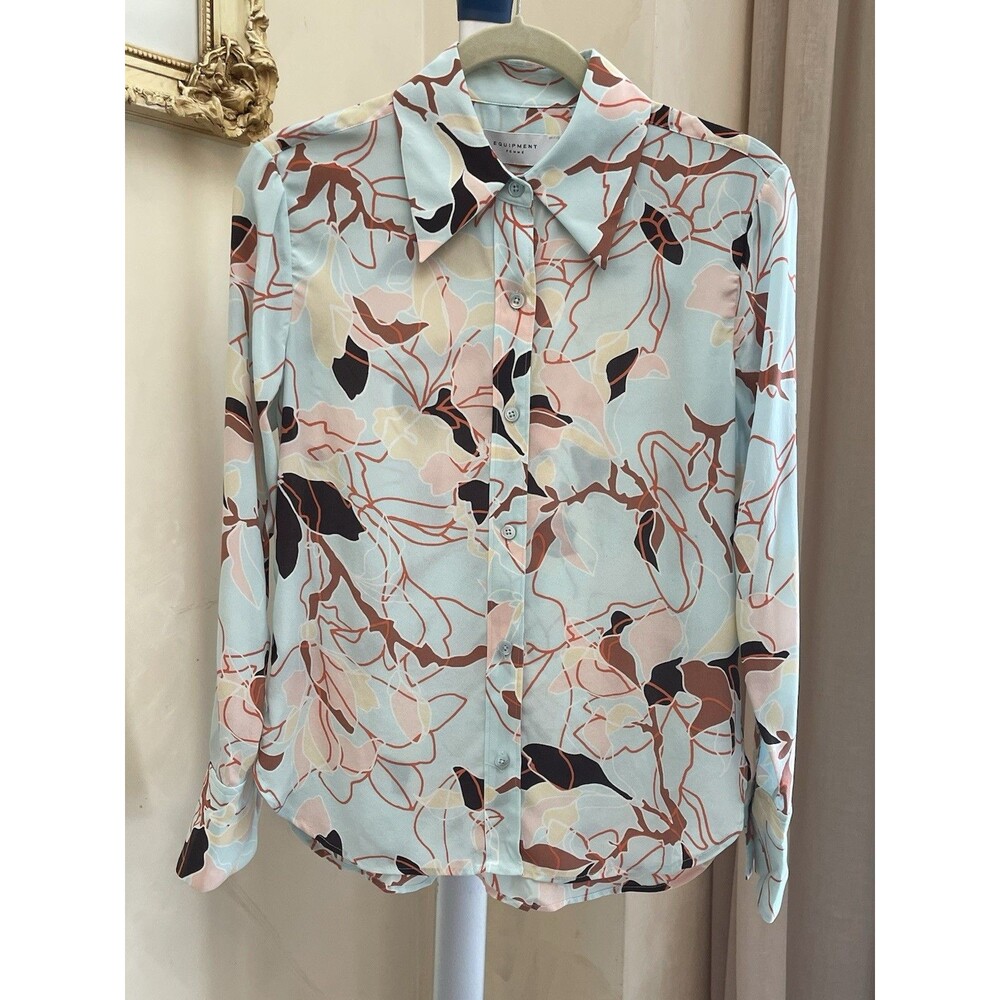 Equipment Femme Leona Silk Blouse XS 70s Abstract Floral Point Collar Button